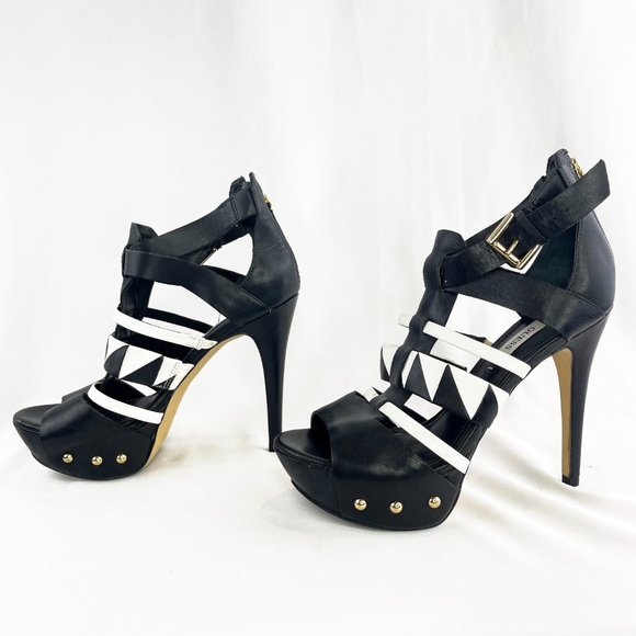 Guess Black / White  Geo + Gold Studs High Heel Cage Platform Stilettos - Picture 4 of 6
